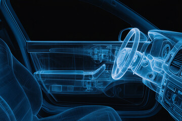 Abstract Xray imaging of a modern car dashboard, showing internal electronics and mechanical components, automotive diagnostics, tech imaging