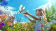 © alauli - Little girl in a field of flowers reaching out to a white dove, symbolizing peace and freedom