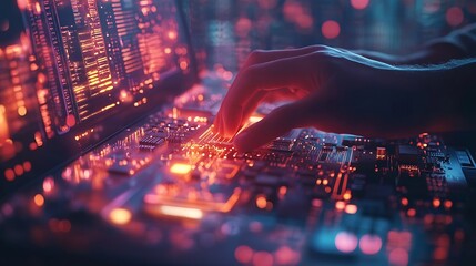 Digital technology software development concept Coding programmer software engineer working on laptop with circuit board and javascript on virtual screen internet of things IoT : Generative AI