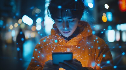 Aufkleber - Man using mobile smart phone with global network connection Technology innovative and communication concept : Generative AI