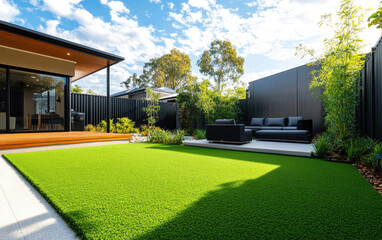 Wall Mural - Artificial grass installation in the backyard of an Australian home, featuring a green artificial lawn and modern design elements like black fence walls