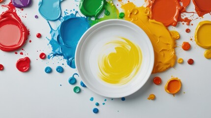 Poster - A white plate with paint splatters on it and a bowl of colored paints, AI