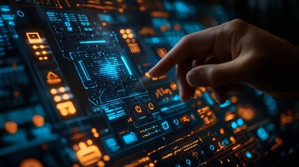 Leinwandbilder - Digital information technology concept Businessman touching artificial intelligence screen : Generative AI