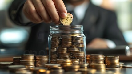 Poster - businessman holding coins putting in glass concept saving money for finance accounting to arrange coins into growing graphs concept : Generative AI