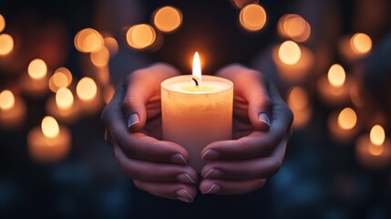 Close up of hands holding a lit candle, surrounded by bokeh of other candles in the darkness. Concept of hope, remembrance, and peace