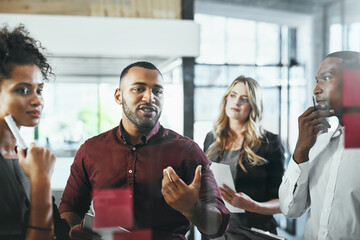 Canvas Print - Sticky notes, glass and collaboration of group, office and talking of employees and ideas for stock market. Discussion, trader and brainstorming of people and planning for investment opportunity