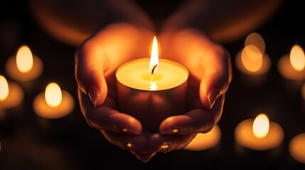 Hands holding a lit candle, surrounded by other candles in the dark. Concept of hope, peace, remembrance, and faith.