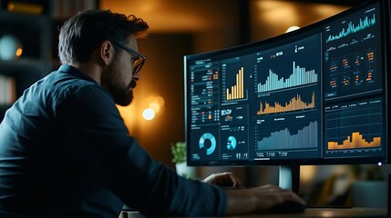 Fototapete - An analyst uses a computer and dashboard for data business analysis and Data Management System with KPI and metrics connected to the database for technology finance operations sales ma : Generative AI