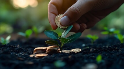 Aufkleber - Hand wealth money business finance coin investment growth strategy profit concept on financial banking economy background of success market income cash currency or increase rich budget : Generative AI