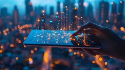 Fototapete - Digital marketing data exchange global business Businessman using digital tablet computer double exposure with smart city online marketing data transfer global internet network technol : Generative AI
