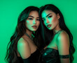 © BCFC - A dazzling image of two beautiful Latina women posing under glamorous neon lighting, creating the perfect visual for a vibrant night club event poster.