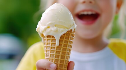 Sticker - A young child holding a cone of ice cream with an expression on her face, AI