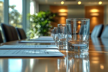 Wall Mural - A glass of water on a conference table with papers, chairs and blurred windows in the background.