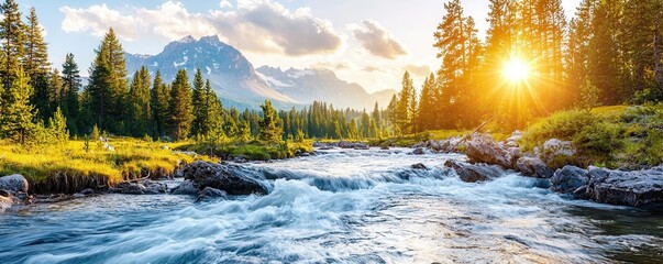 Canvas Print - Mountain Stream at Sunset.