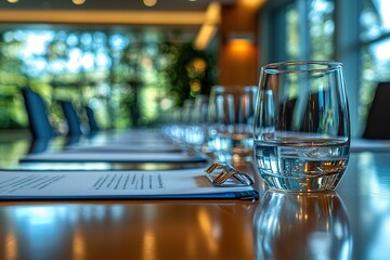 Wall Mural - Glass of water on a table in a conference room.