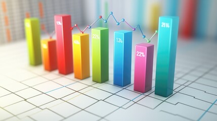 A vibrant 3D bar chart in blue, red, and green colors, with data labels floating above each bar, showing an upward trend on a white background with grid lines