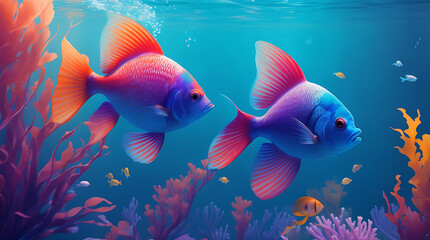 High quality gradient color fishes swimming colorful underwater illustration background.