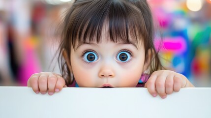 Sticker - A little girl with big eyes peeking over a white board, AI