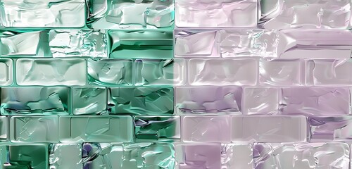 Wall Mural - minimalist crystal brick wall, one side in emerald green and the other in pale lavender, modern dual