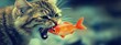 © Arti - A cat with a fish-shaped treat in its mouth, playful expression, soft natural light streaming in