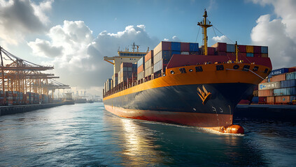 A Large Cargo Ship Docked at the Port Surrounded by Cranes
