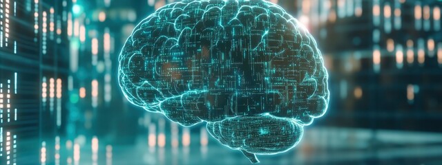 Wall Mural - a digital brain interface with glowing neural patterns, soft green and blue light reflecting off the