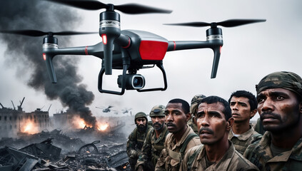 commanding drone hovers above a battlefield, expertly directing the movements of soldiers below