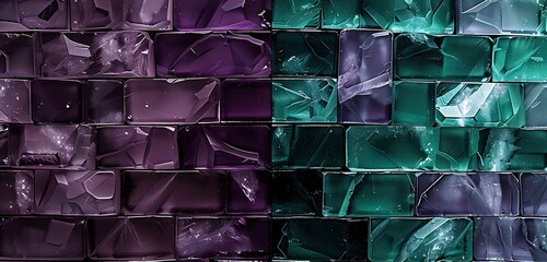 Wall Mural - minimalist crystal brick wall design, one side in emerald green and the other in deep purple, sleek 