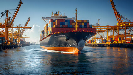 A Large Cargo Ship Docked at the Port Surrounded by Cranes
