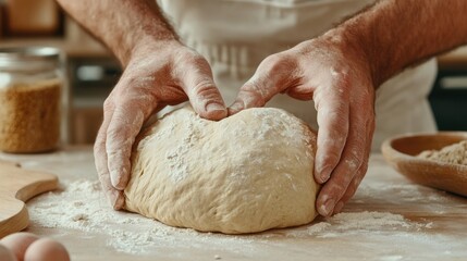 Wall Mural - A man kneading dough on a table with flour and eggs, AI