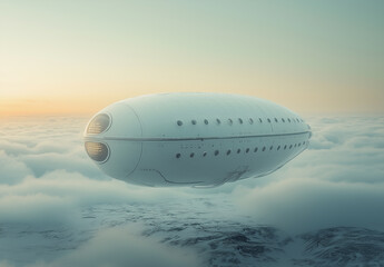 Massive white airship floating in a bright sky above the clouds
