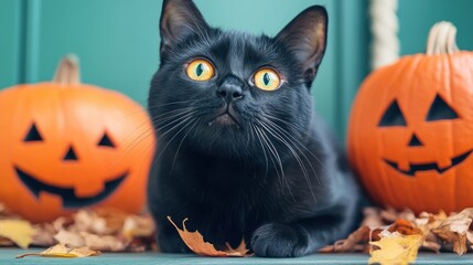 A black cat with yellow eyes sitting in front of two pumpkins, AI