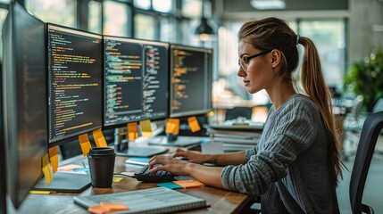 A female programmer working in a modern tech office, writing code on multiple screens