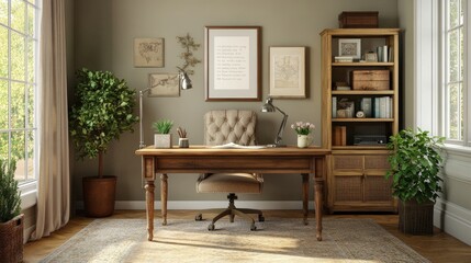 An elegant home office with a wooden desk, comfortable chair, and decorative items, set against a calming wall color, providing a cozy and inviting work environment.