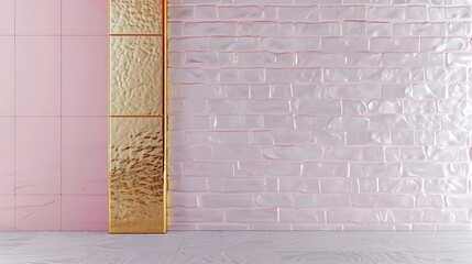 Wall Mural - minimalist crystal brick wall design, one wall golden plated, the other in pastel pink, creating a s