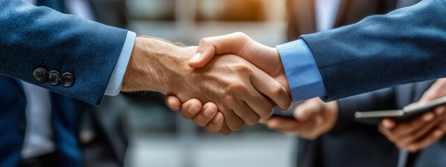 A group of businesspeople shaking hands in a celebratory gesture, detailed clasped hands, soft warm light from above