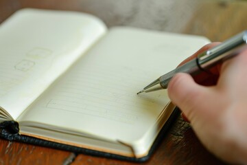 A person is writing in a notebook with a pen