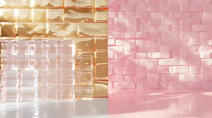 Wall Mural - minimalist crystal brick wall design, one wall golden plated, the other in pastel pink, creating a s