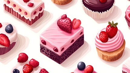 Delicious Strawberry & Blueberry Cakes on White Background