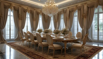 Elegant dining room featuring a grand table, luxurious carpet, and sophisticated decor for a refined atmosphere