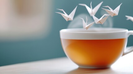 Wall Mural - A cup of tea with origami birds flying out the top, AI