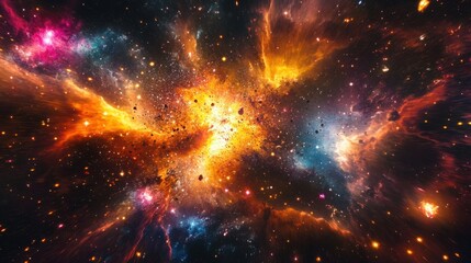 Wall Mural - cosmic scene with nebula clouds and exploding stars, symbolizing the chaotic energy of the big bang