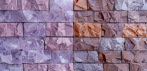 Wall Mural - minimalist crystal brick wall with one side in pastel purple and the other in rich brown, flat lay t