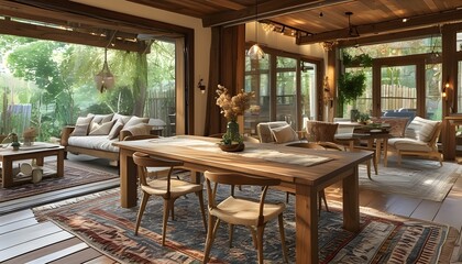 Charming dining space featuring a patterned rug beneath a rustic wooden table, evoking a warm and welcoming ambiance.