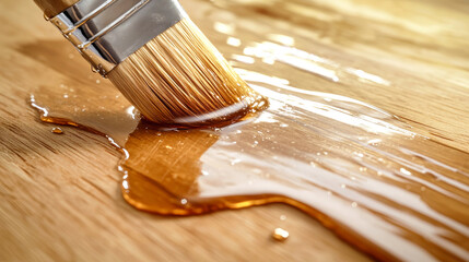 Applying varnish to a light wood surface with a brush showcasing smooth strokes and drops of clear resin in a rustic setting