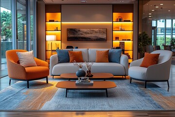 Modern living room with a comfortable sofa, armchairs and two coffee tables in front of a window overlooking a city view.