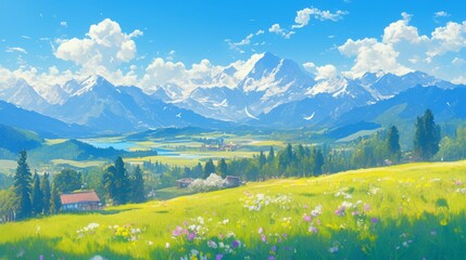 Breathtaking panoramic view of the Alps featuring majestic mountains  , with clear blue sky and radiant sunrays casting golden hues over lush green meadows 