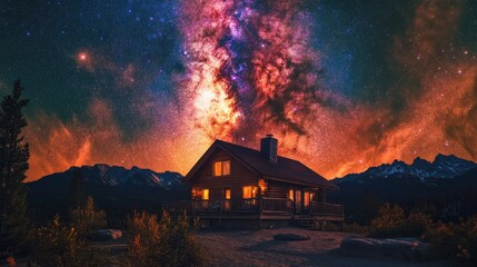 Wall Mural - bright milky way galaxy core seen above a remote cabin, its colorful stars illuminating the quiet ni