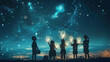 © NooPaew - A group of children using a giant chalkboard in the sky to communicate their business ideas, with each word lighting up like stars as they write