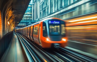 Wall Mural - A fast-moving subway train captured with a long exposure, creating dynamic light trails and a sense of speed. The image emphasizes urban motion and modern transportation.